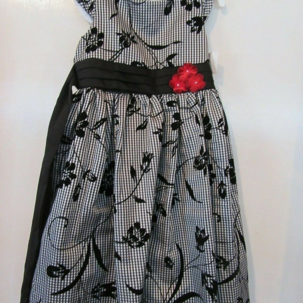 Girls - size 4T - Black/white check dress w/red